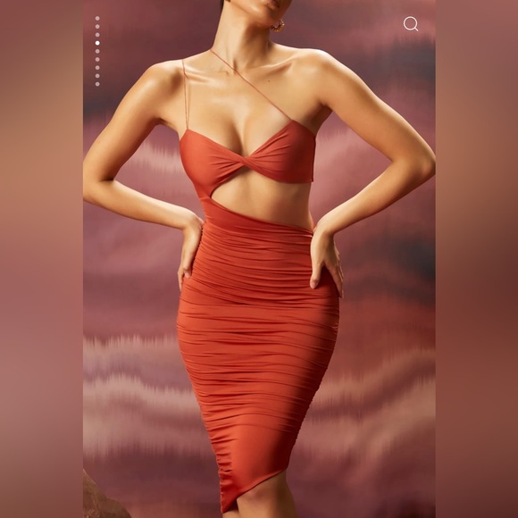 Ruched Asymmetric Midi Dress in Rust - Picture 4 of 7